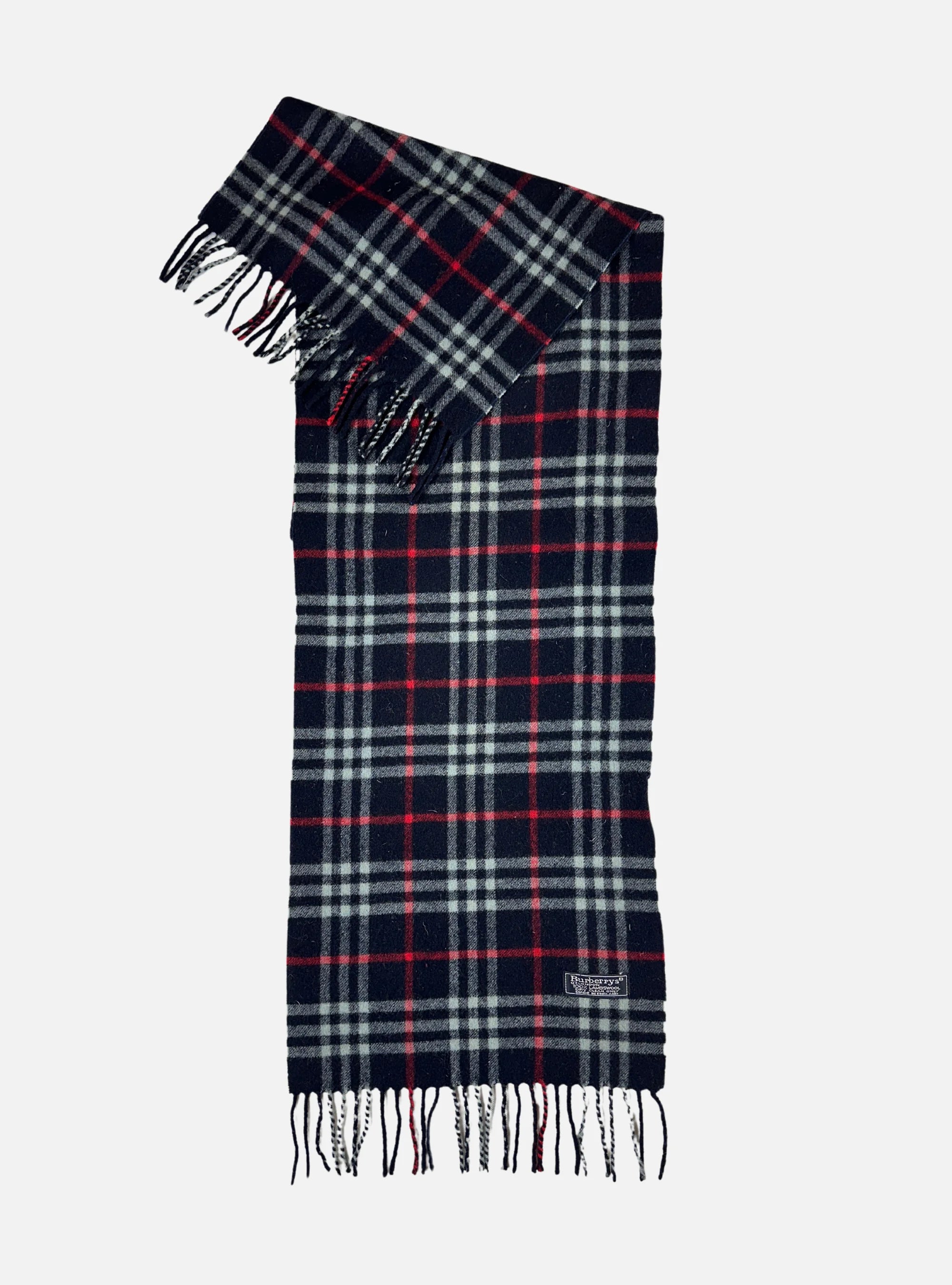 Vintage 100% Lambswool Navy Nova Check Scarf by Burberry