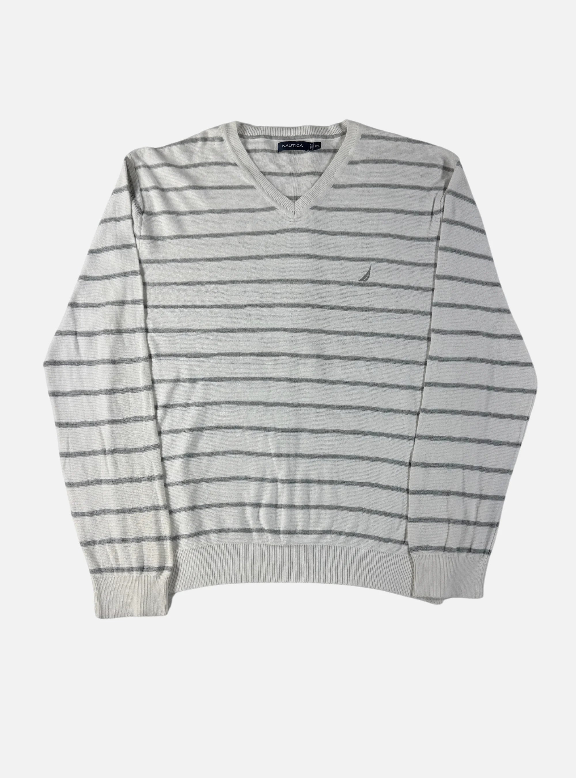 Mens V-Neck Sweater White/Grey Stripes by Nautica — Large