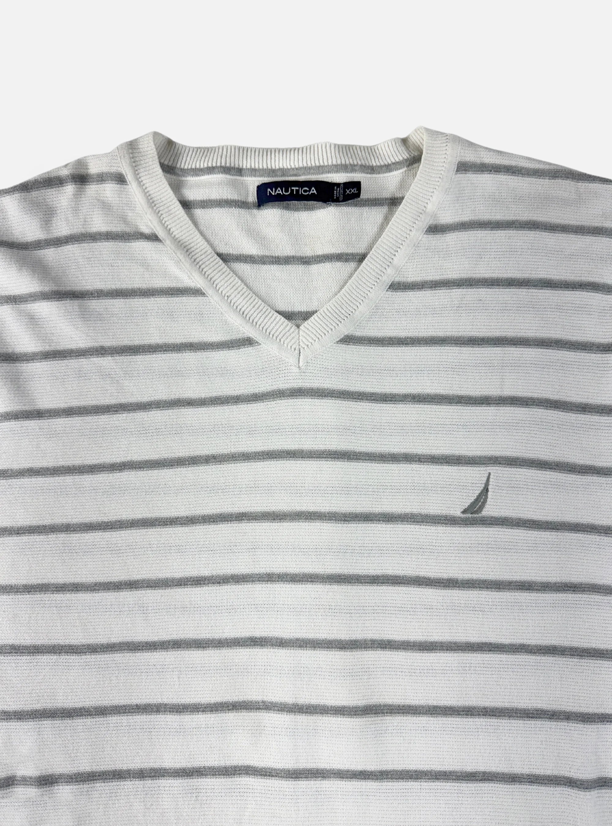 Mens V-Neck Sweater White/Grey Stripes by Nautica — Large