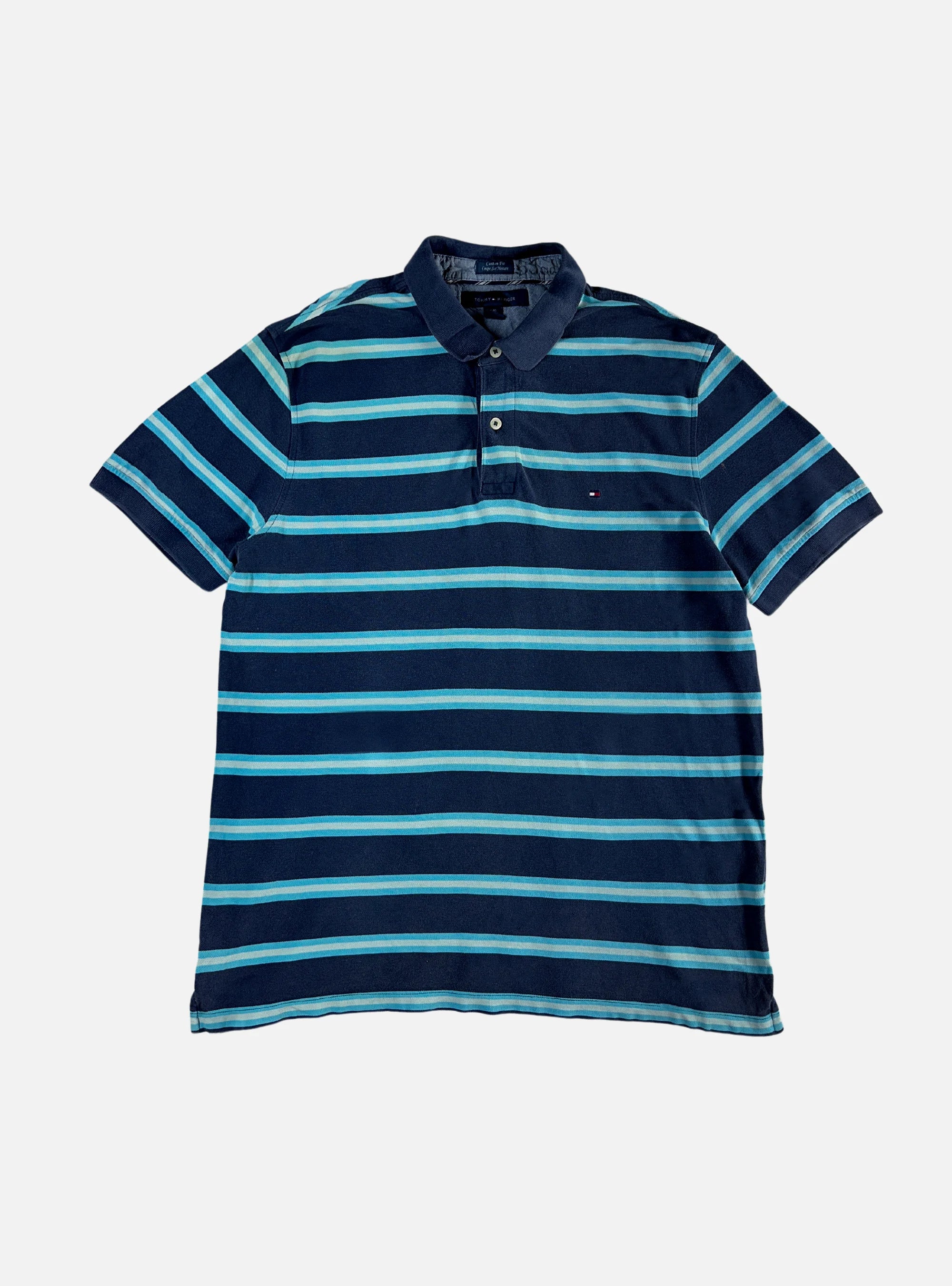Mens Half-Sleeves Blue/Cyan Striped Polo by Tommy Hilfiger — Medium