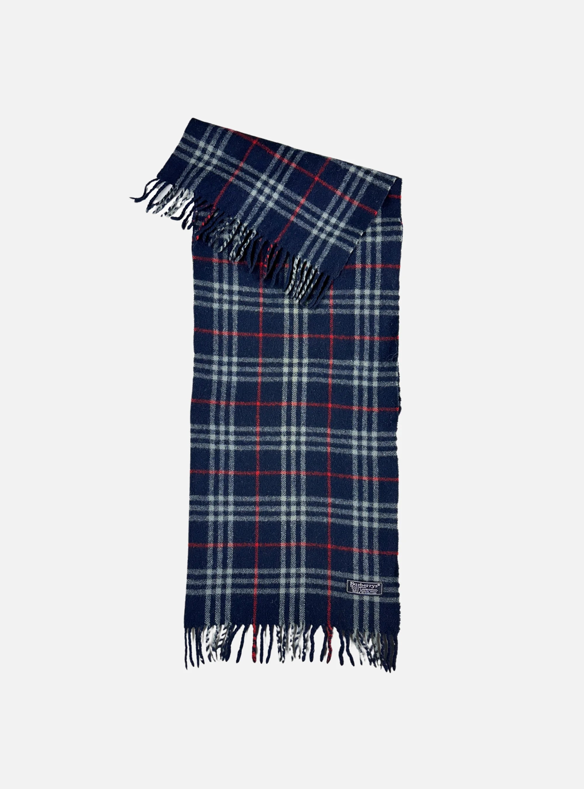 Vintage 100% Lambswool Navy Nova Check Scarf by Burberry