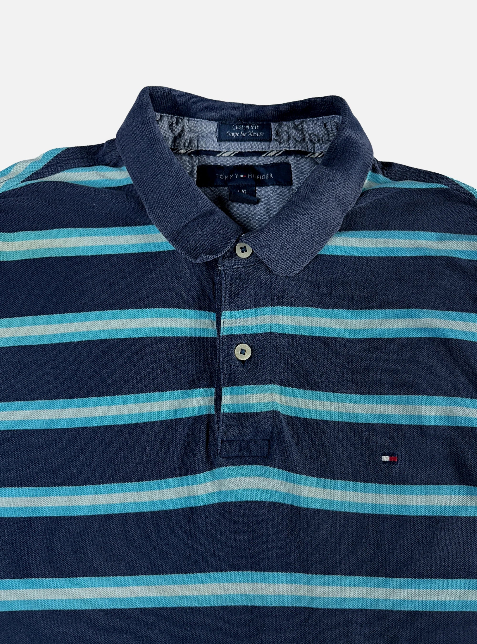 Mens Half-Sleeves Blue/Cyan Striped Polo by Tommy Hilfiger — Medium
