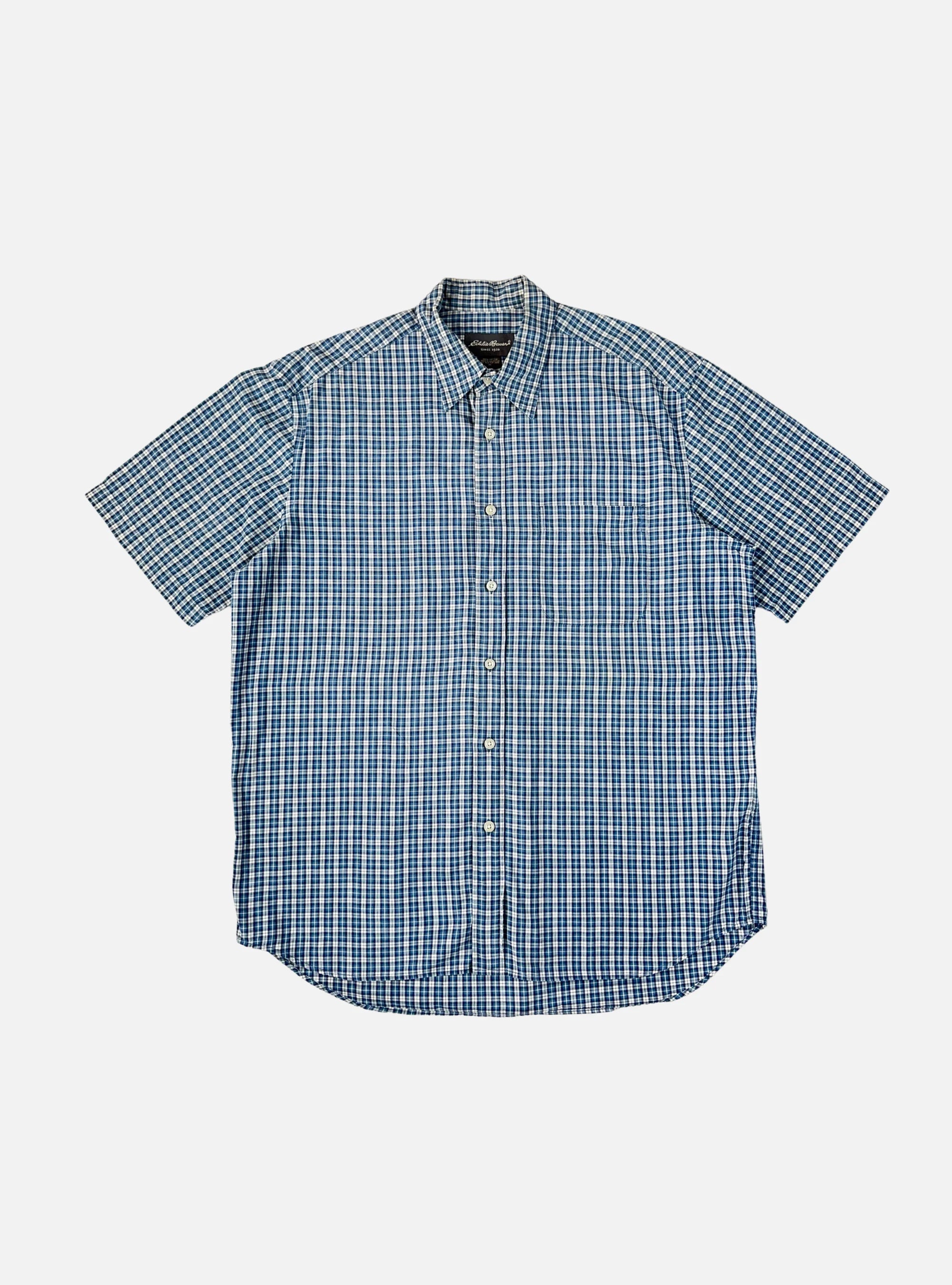 Mens Blue/White Half Sleeves Check Shirt by Eddie Bauer — Large