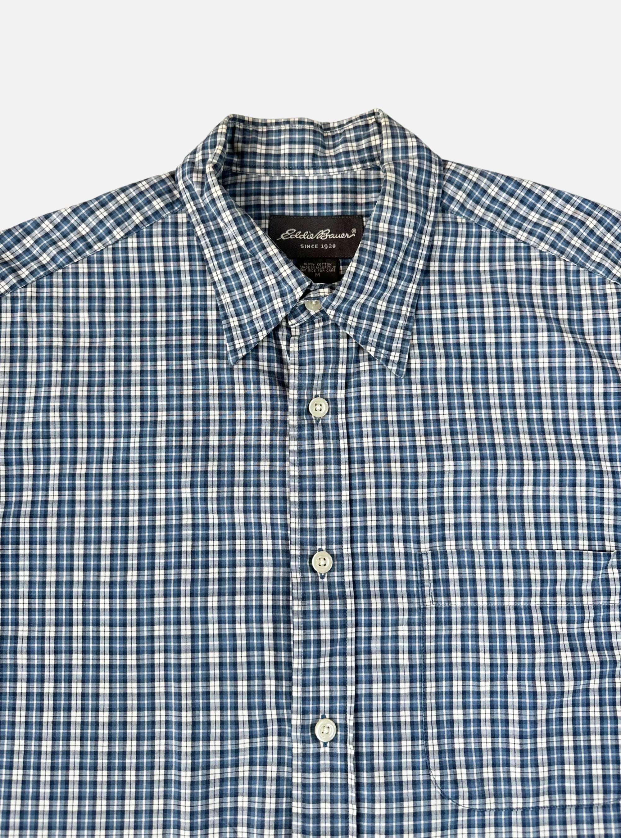 Mens Blue/White Half Sleeves Check Shirt by Eddie Bauer — Large