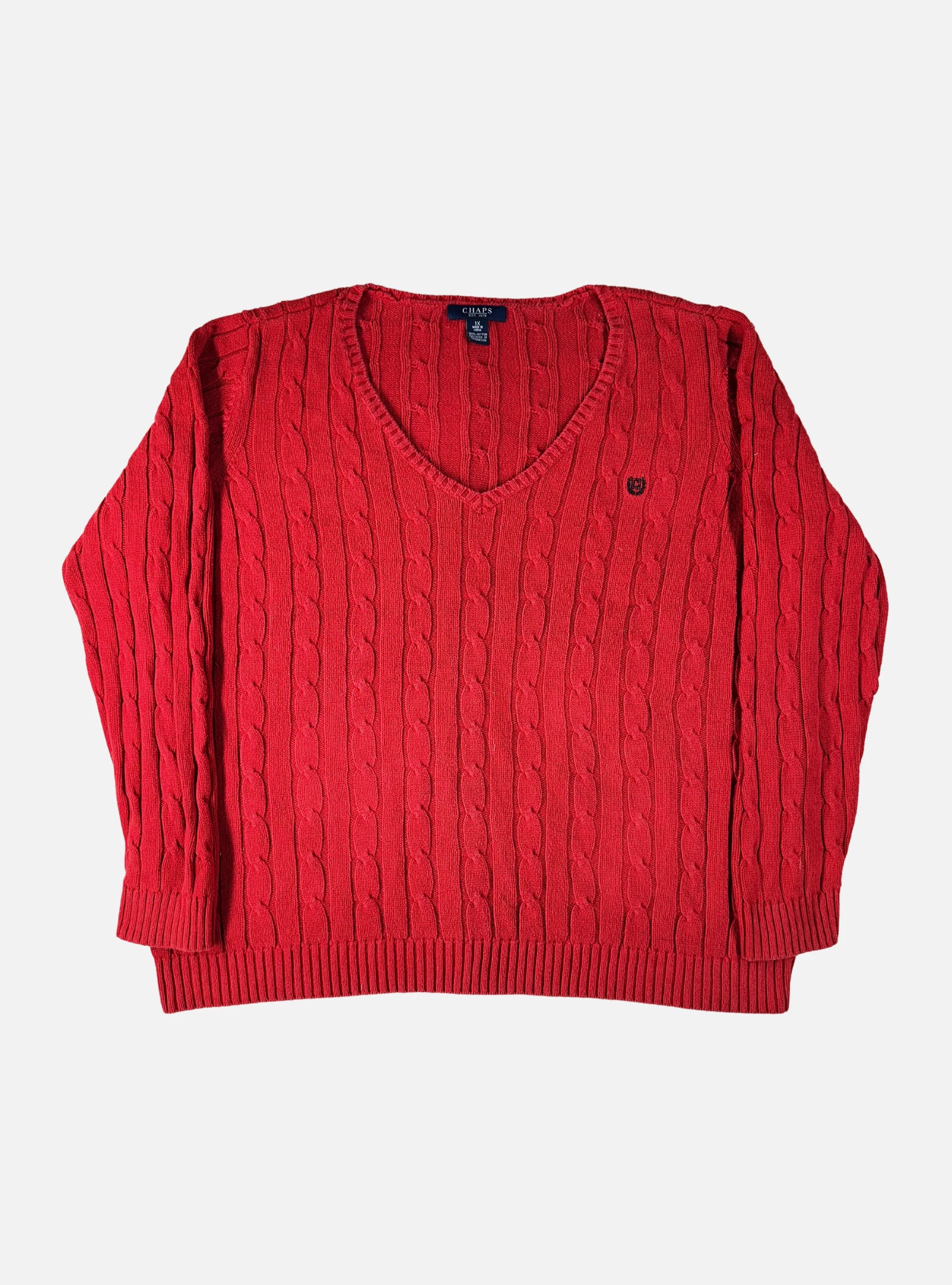 Mens V-Neck Cable Knit Sweater Red by CHAPS — Large