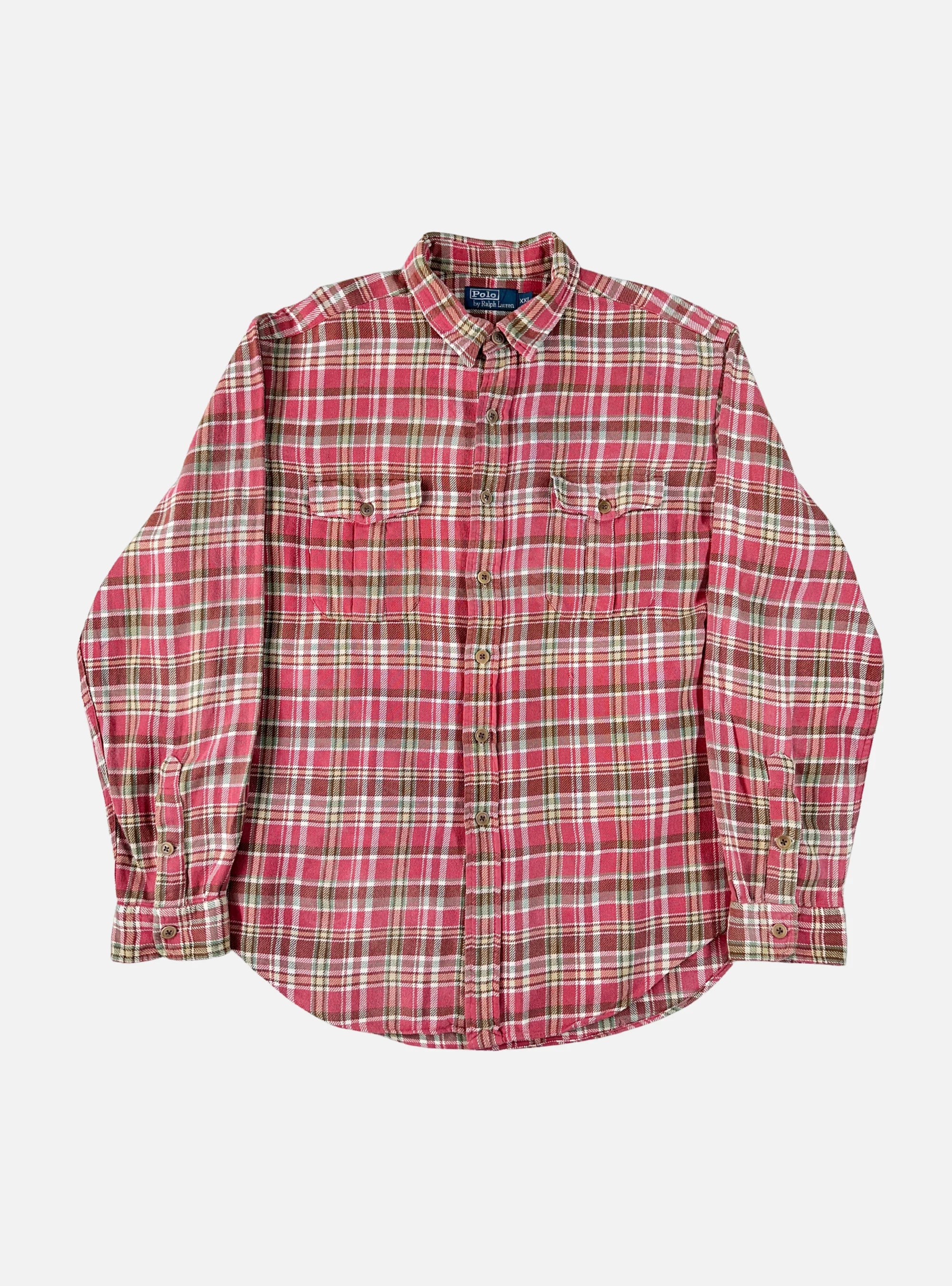 Mens Burgundy/Peach Plaid Button Up Shirt by Ralph Lauren — XL