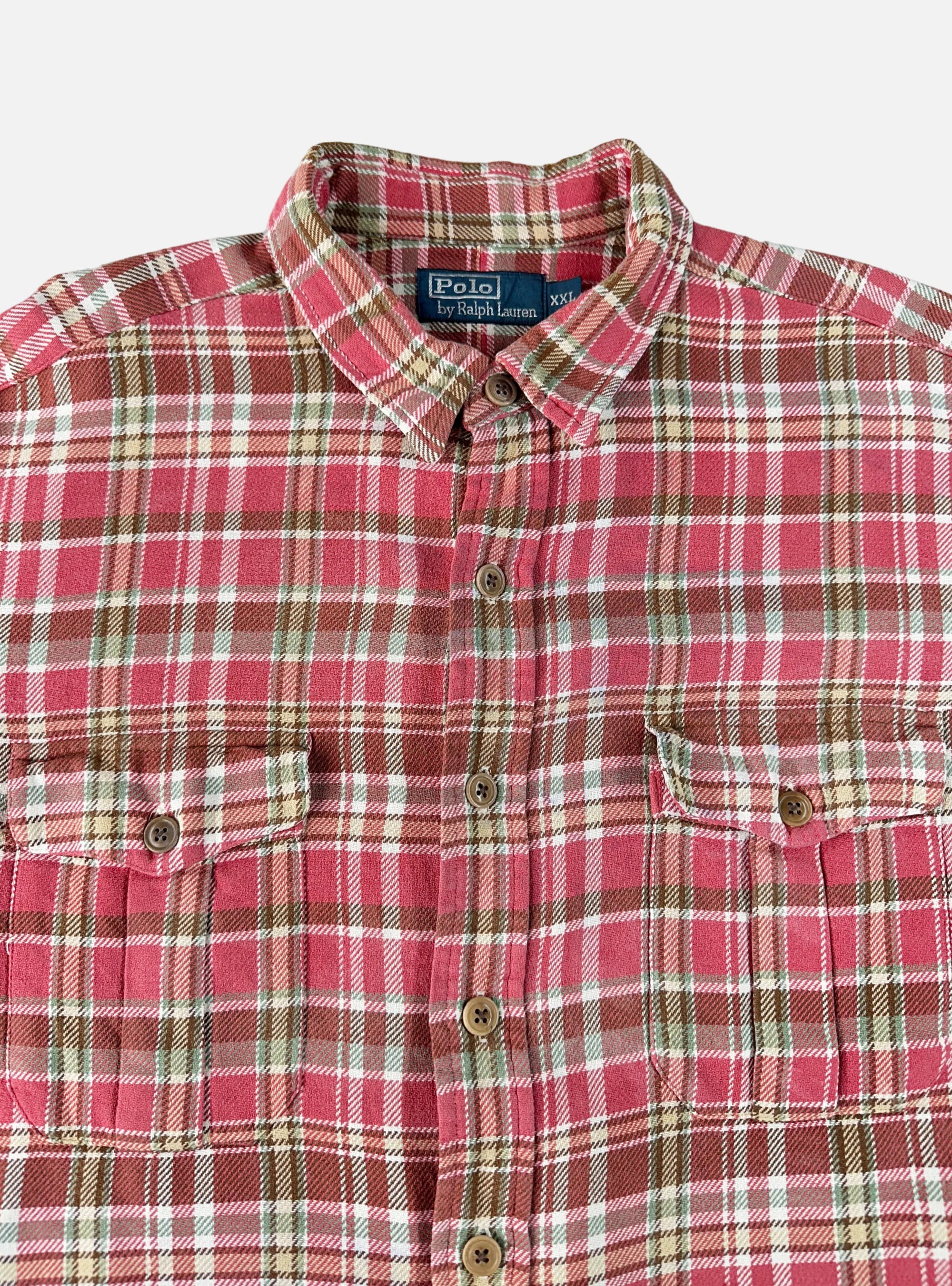 Mens Burgundy/Peach Plaid Button Up Shirt by Ralph Lauren — XL