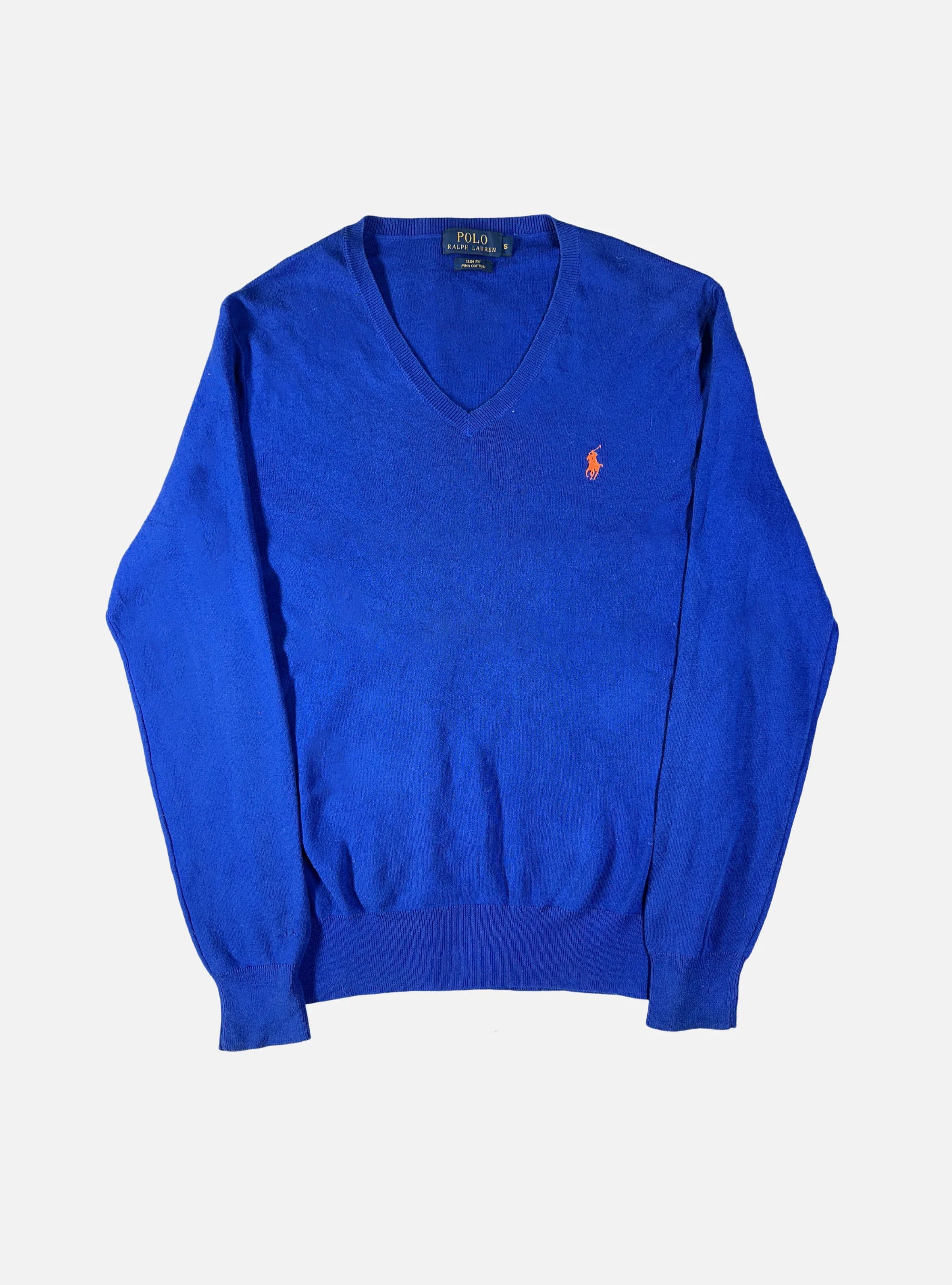 Mens Pima Cotton V-Neck Sweater Blue by Ralph Lauren — Small