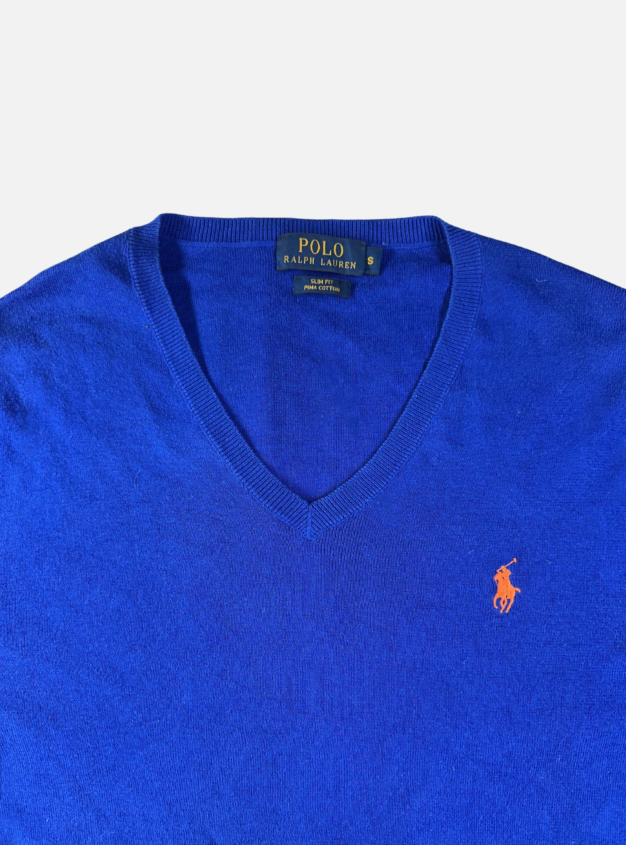 Mens Pima Cotton V-Neck Sweater Blue by Ralph Lauren — Small