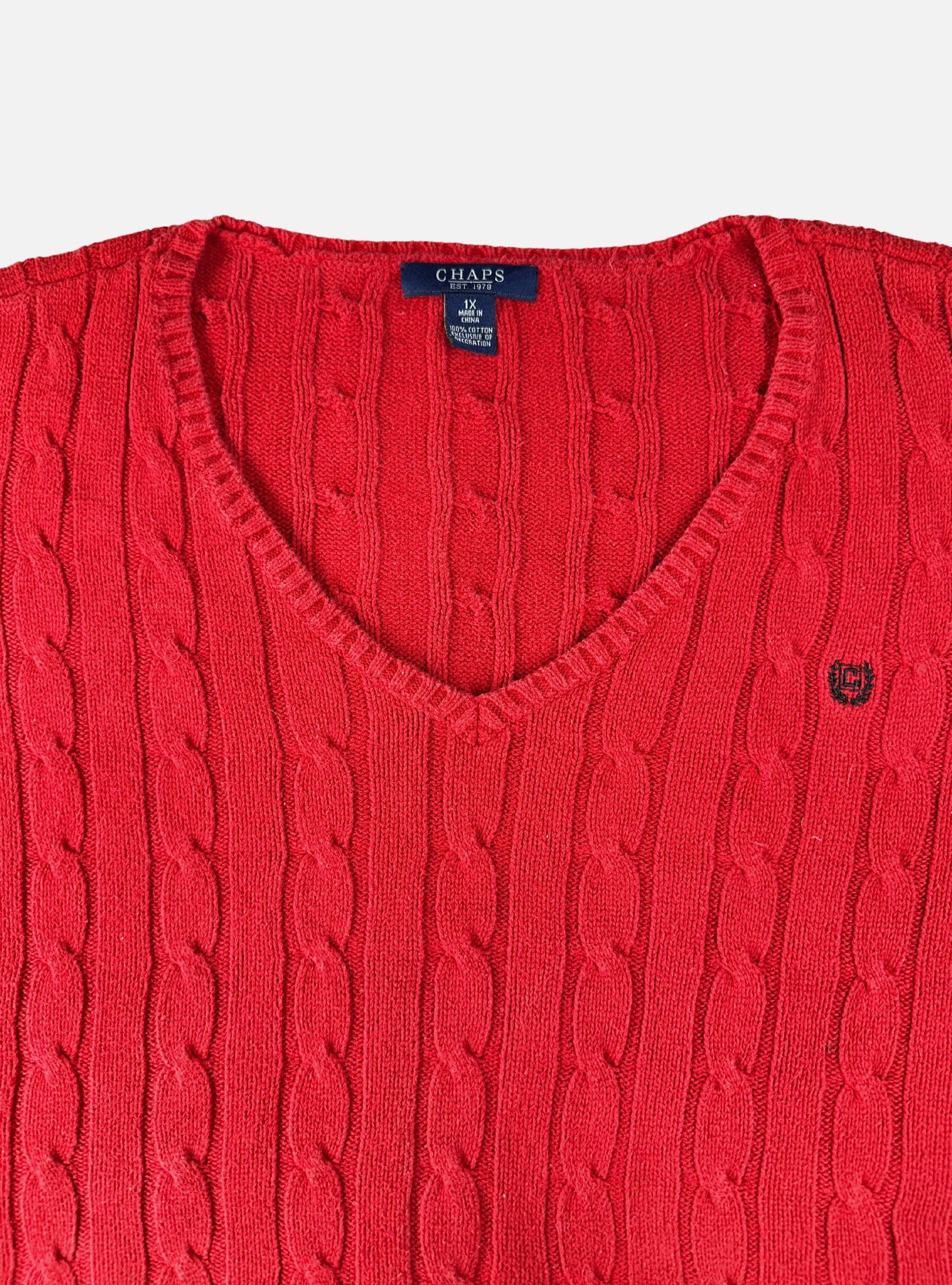 Mens V-Neck Cable Knit Sweater Red by CHAPS — Large