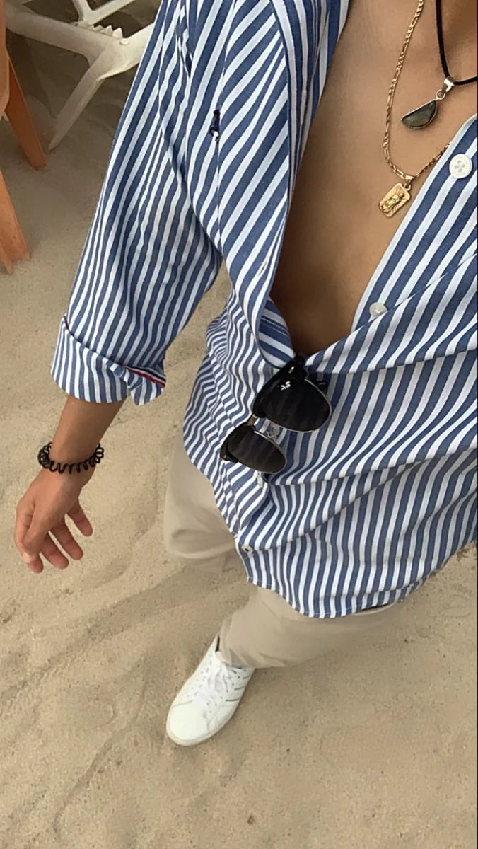 Mens Blue/White Stripes Button Down Shirt by Tommy Hilfiger — Large