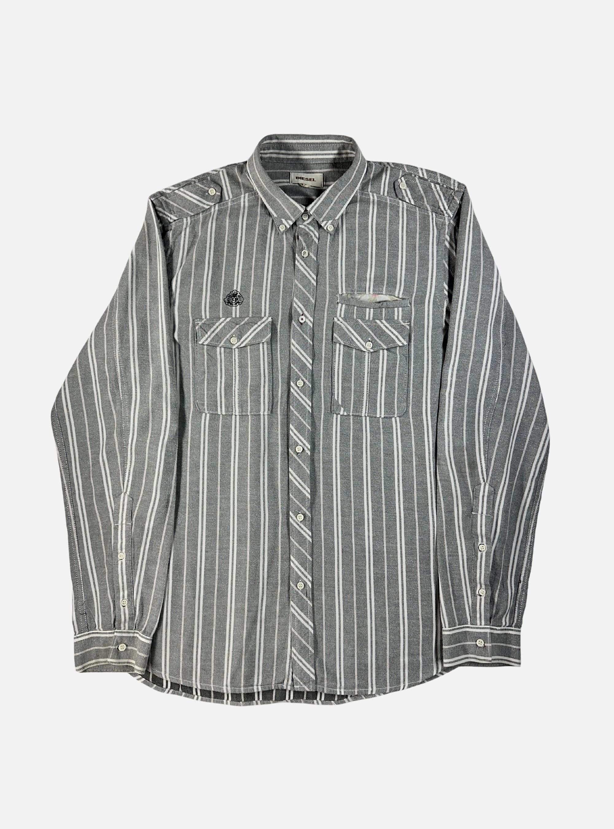 Mens Double Pocket Button Down Shirt Light Grey & White Stripes by Diesel — Medium