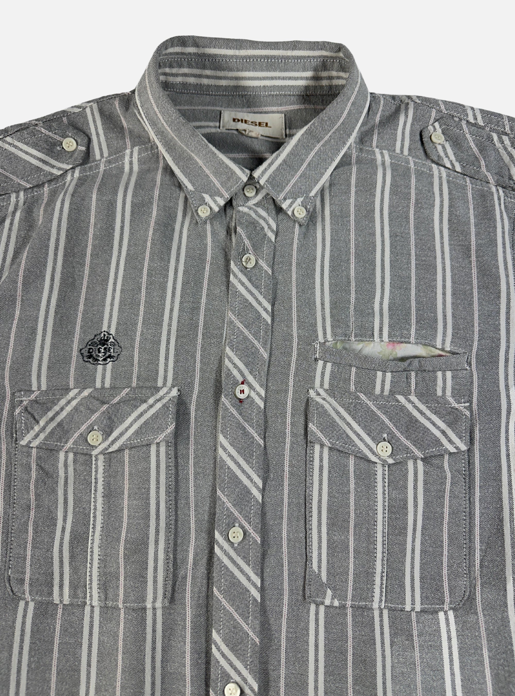 Mens Double Pocket Button Down Shirt Light Grey & White Stripes by Diesel — Medium